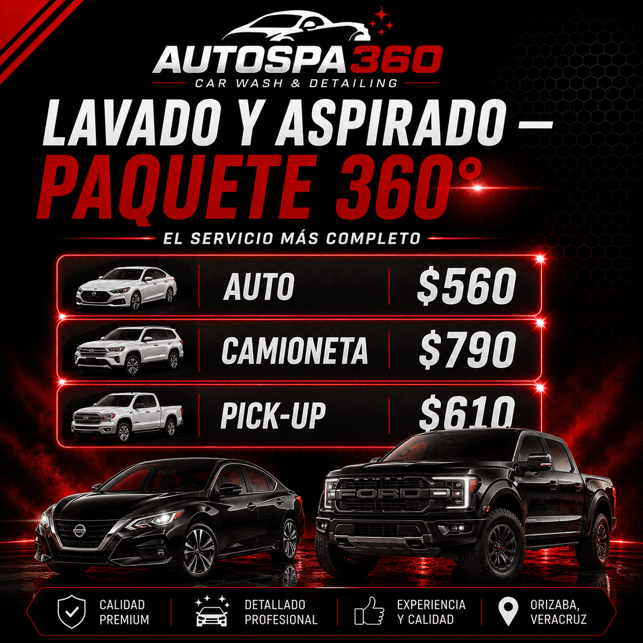 Precios de Lavado y Aspirado — Paquete 360° — AutoSpa 360