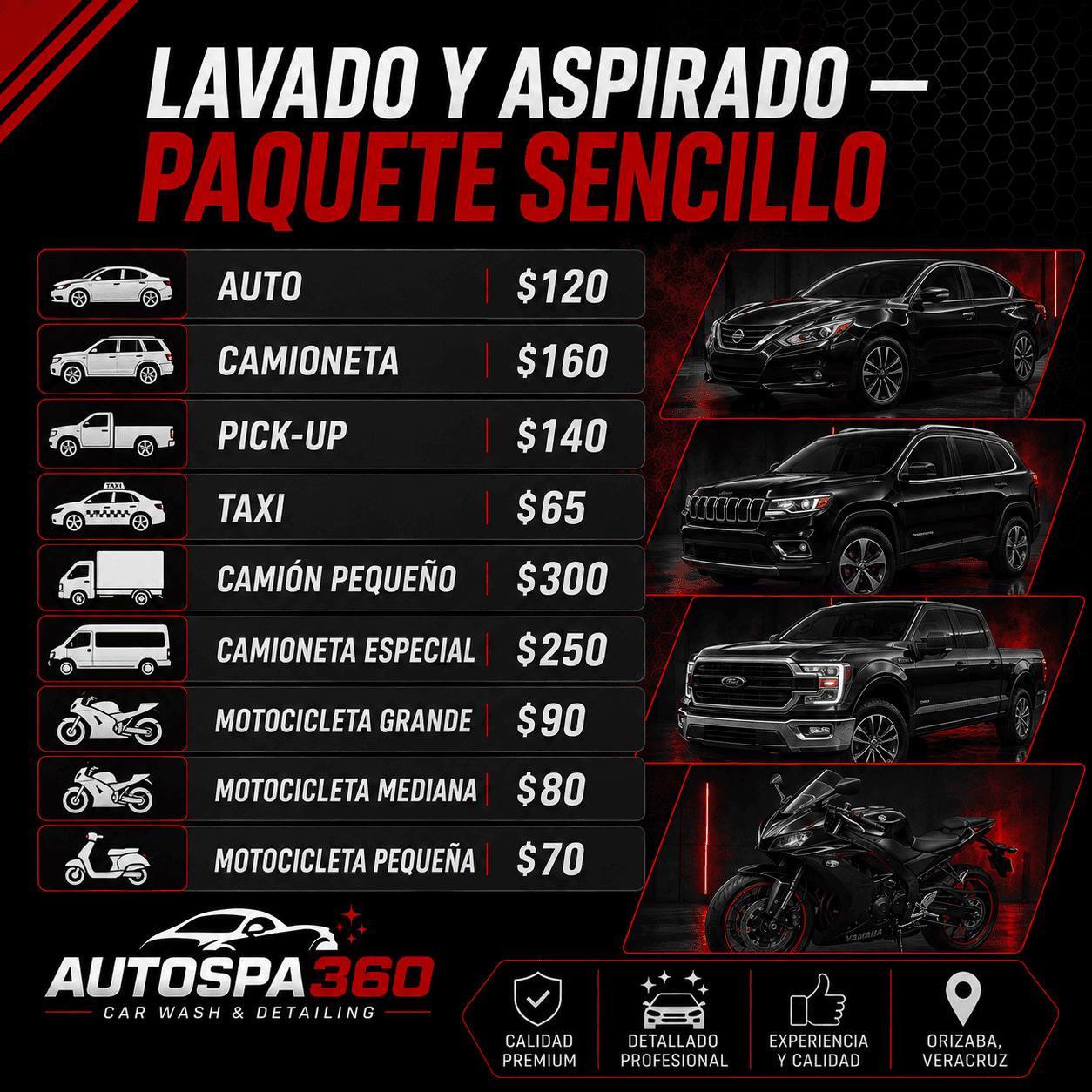 Precios de Lavado y Aspirado — Paquete Sencillo — AutoSpa 360